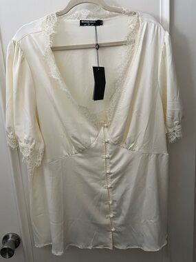 Fashion Union Cream Lace-Trim Satin Nightshirt